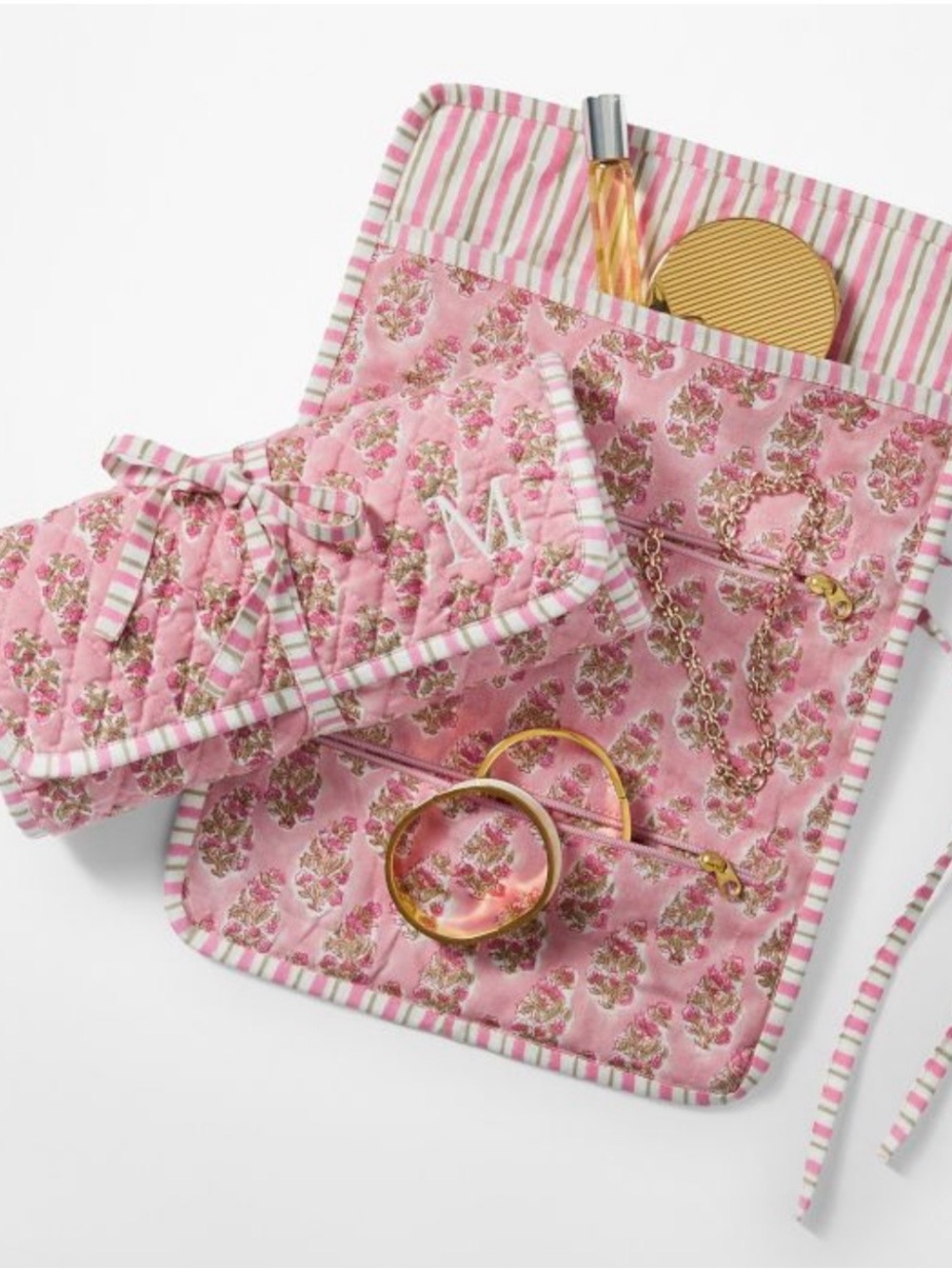 Mark & Graham Pink Flower Quilted Travel Jewelry Roll
